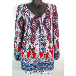 Pink Owl Apparel V-neck Women's Small Blouse Red, White, Blue Style U9504047